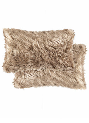 Set of Two 12" X 20" Tan Faux Fur Throw Pillows-1