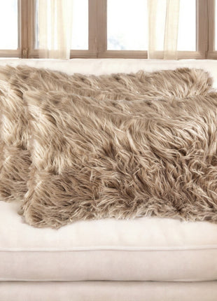 Set of Two 12" X 20" Tan Faux Fur Throw Pillows-0