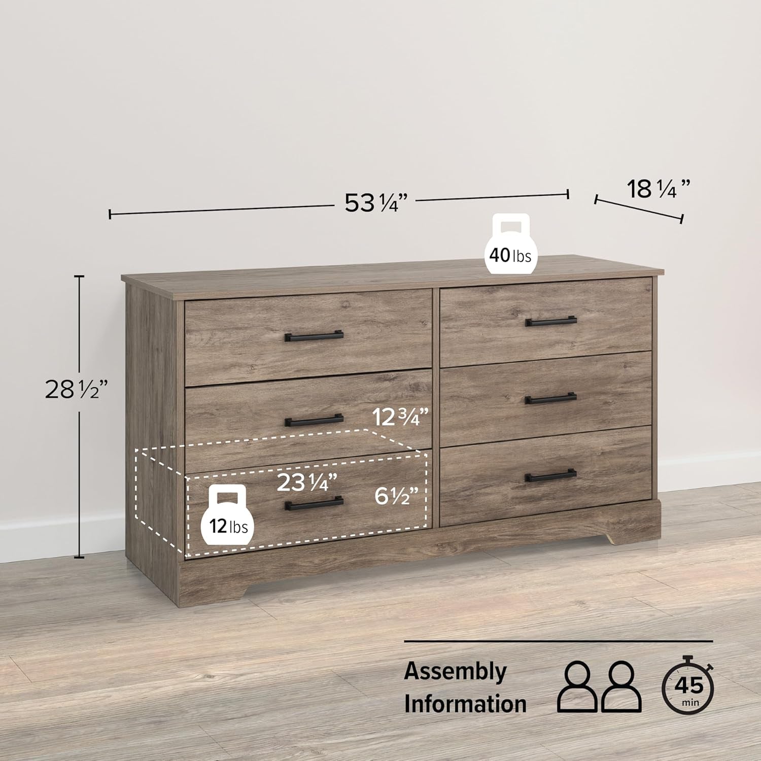 Wooden dresser with dimensions and weight labels on a plain background