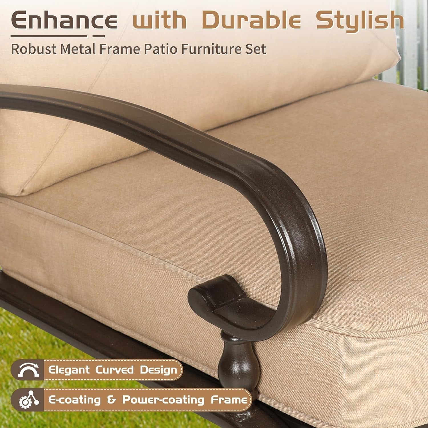 Beige patio chair with dark metal frame on grass, promotional text for durable stylish furniture set.