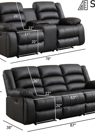Faux Leather Manual Recliner Sofa Set, Loveseat Reclining Sofa and 3 Seat Recliner Sofa, Couch Set for Living Room, Bedroom, Meeting Room, Black(Loveseat+Sofa)-1