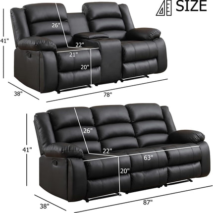 Faux Leather Manual Recliner Sofa Set, Loveseat Reclining Sofa and 3 Seat Recliner Sofa, Couch Set for Living Room, Bedroom, Meeting Room, Black(Loveseat+Sofa)-1
