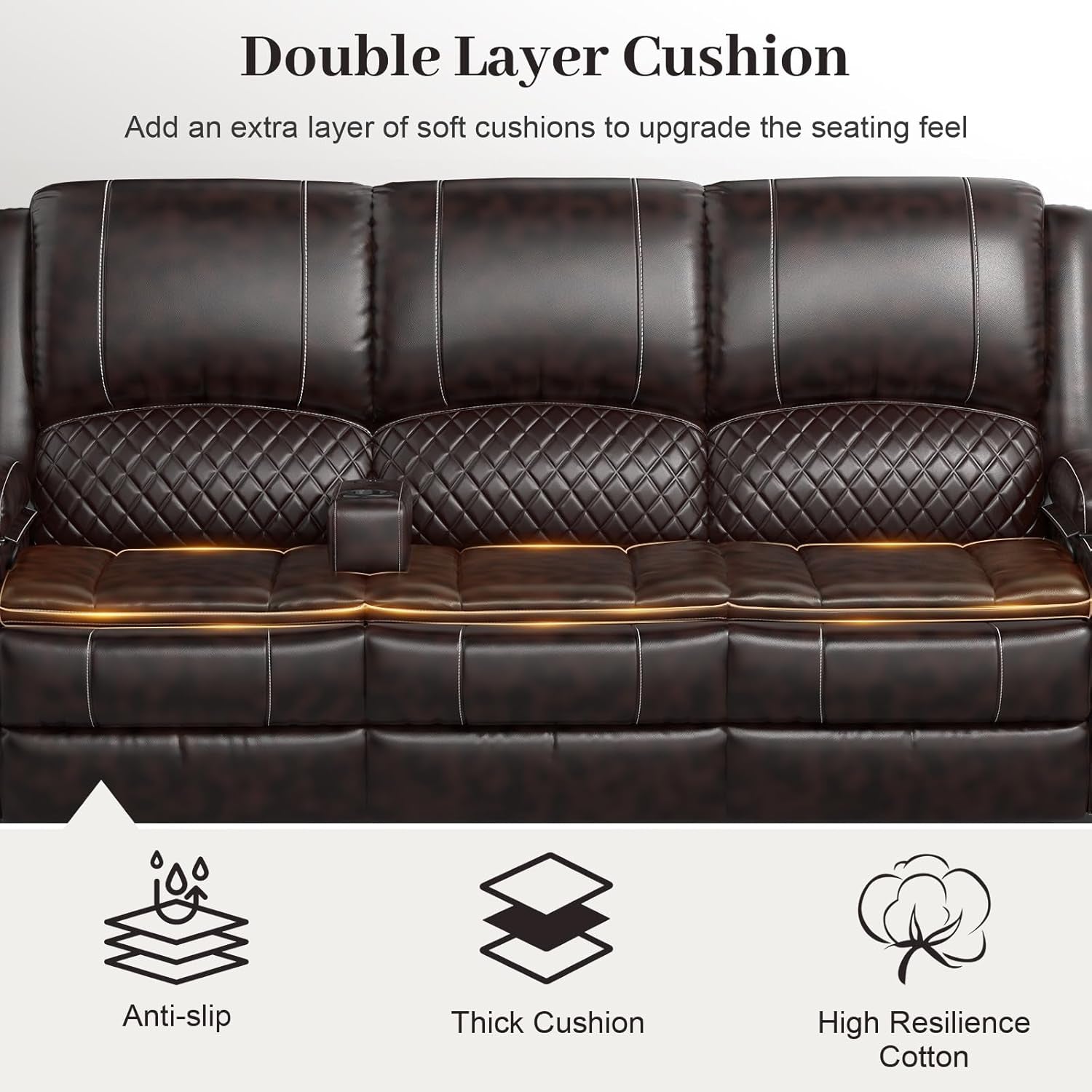 Brown leather sofa with double layer cushions, featuring anti-slip, thick cushion, and high resilience cotton icons.