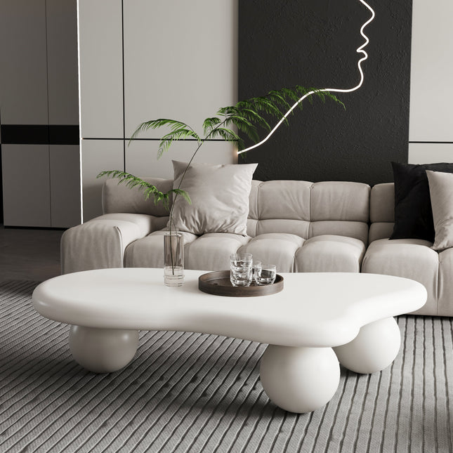 47 Inch Cloud Shaped Coffee Table with 3 Ball Legs for Living Room, Cream White-2