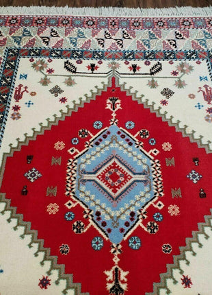 Vintage Moroccan Carpet 5x7 Area Rug, Berber Rug, Handmade Soft Wool Rug, Red Ivory and Blue, Geometric Medallion Rug, Bohemian Rug, Nice-2
