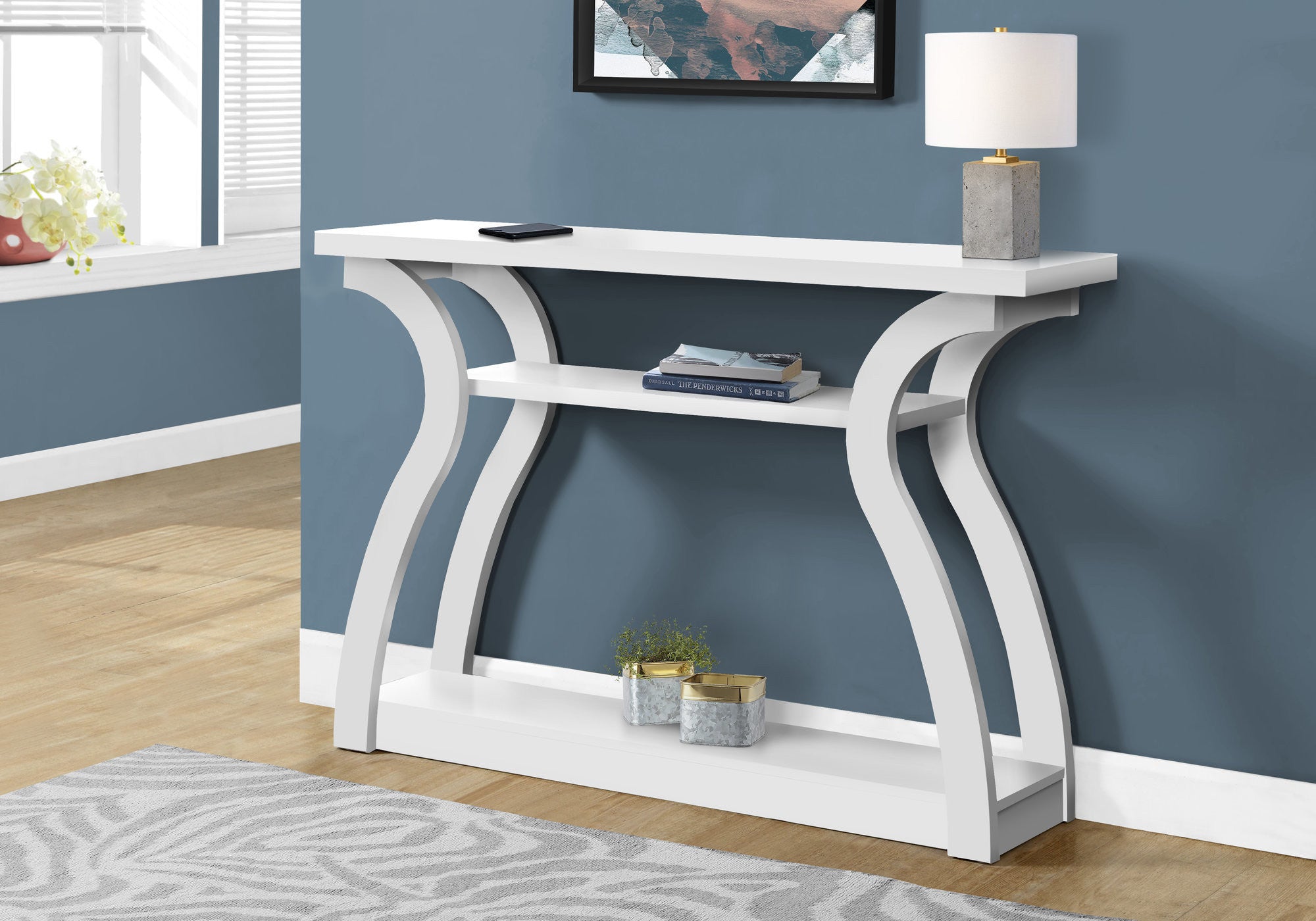 White Floor Shelf Console TWhite Console Table with Shelves – Modern Storage & Display Floor Shelf Desigable With Shelves - 332809