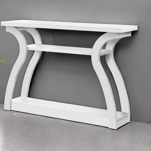 White console table against a gray wall