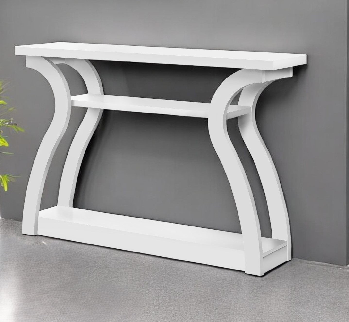 White console table against a gray wall