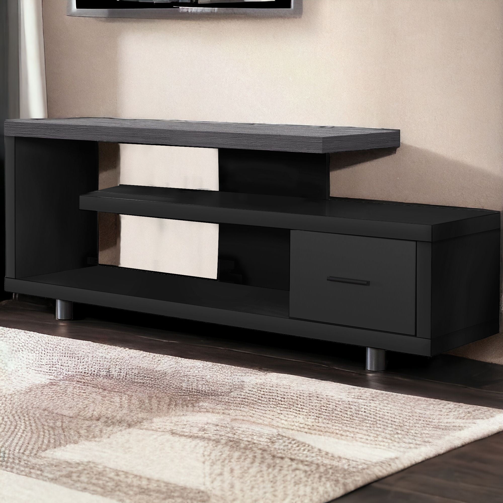Black and Gray Open Shelf TV Stand Modern Media Console with Storage - 332885
