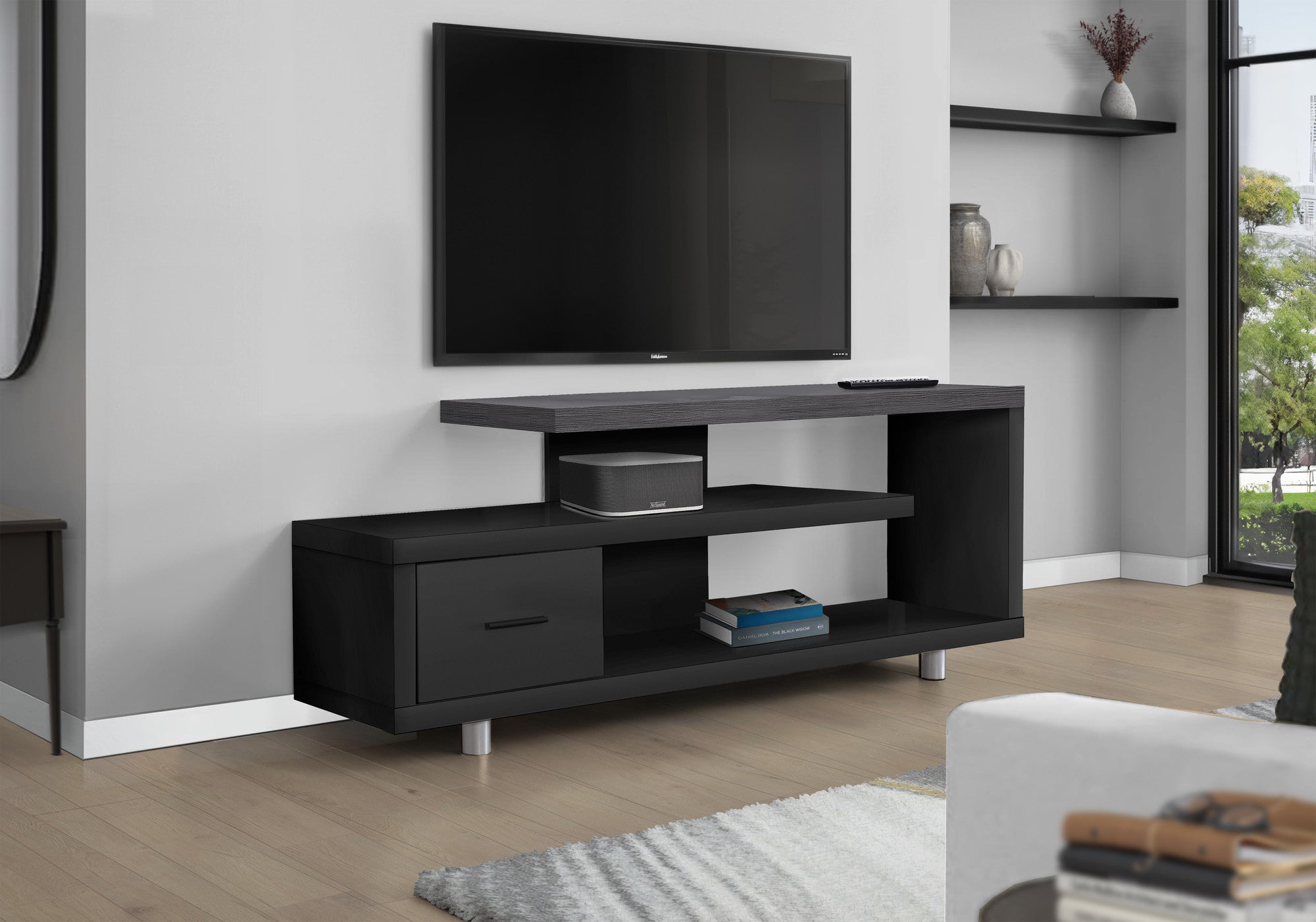Black and Gray Open Shelf TV Stand Modern Media Console with Storage - 332885