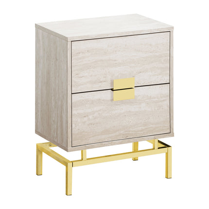 Beige nightstand with gold accents on a white background