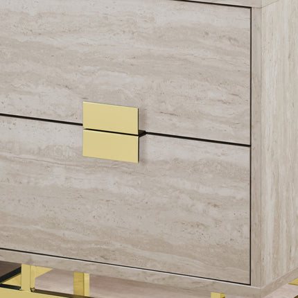 Beige nightstand with gold accents in a room setting