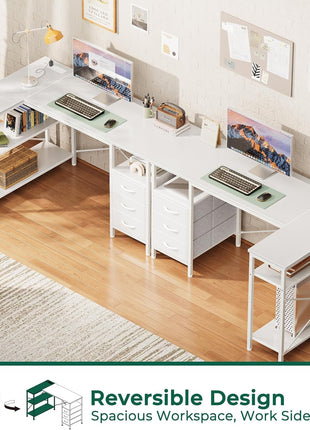 L Shaped Desk with Power Outlets, Computer Desk with 3 Drawers, 47 Inch Office Desk with Shelves, Gaming Desk, Corner Desk Work Desk for Home Office, Study, White-3