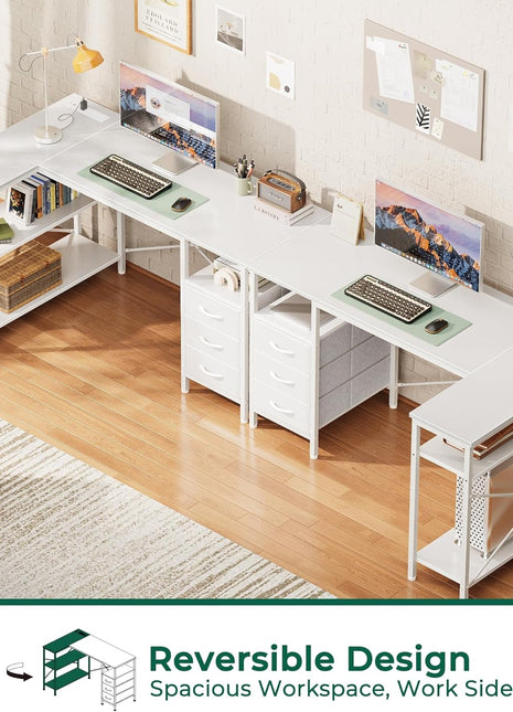 L Shaped Desk with Power Outlets, Computer Desk with 3 Drawers, 47 Inch Office Desk with Shelves, Gaming Desk, Corner Desk Work Desk for Home Office, Study, White-3