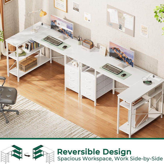 L Shaped Desk with Power Outlets, Computer Desk with 3 Drawers, 47 Inch Office Desk with Shelves, Gaming Desk, Corner Desk Work Desk for Home Office, Study, White-3
