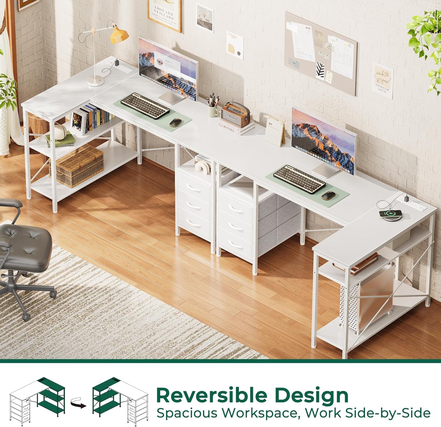 L Shaped Desk with Power Outlets, Computer Desk with 3 Drawers, 47 Inch Office Desk with Shelves, Gaming Desk, Corner Desk Work Desk for Home Office, Study, White-3