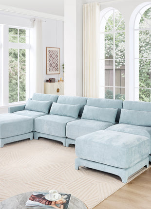 Elegant Four-Seater Sofa with Movable Ottoman and Lumbar Pillow in Sky Blue Chenille with Solid Wood Frame-3
