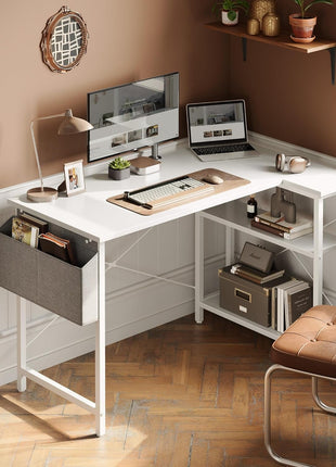 L Shaped Desk, 40 Inch Computer Desk with Reversible Storage Shelves Home Office Corner Desk Study Writing Table, White-1