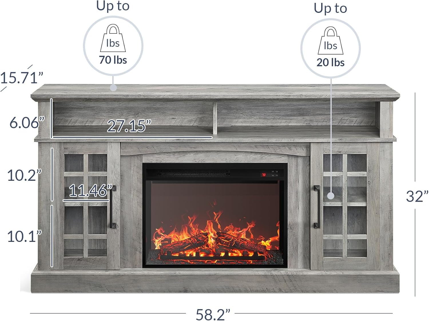 Wooden entertainment center with electric fireplace and measurements on a white background