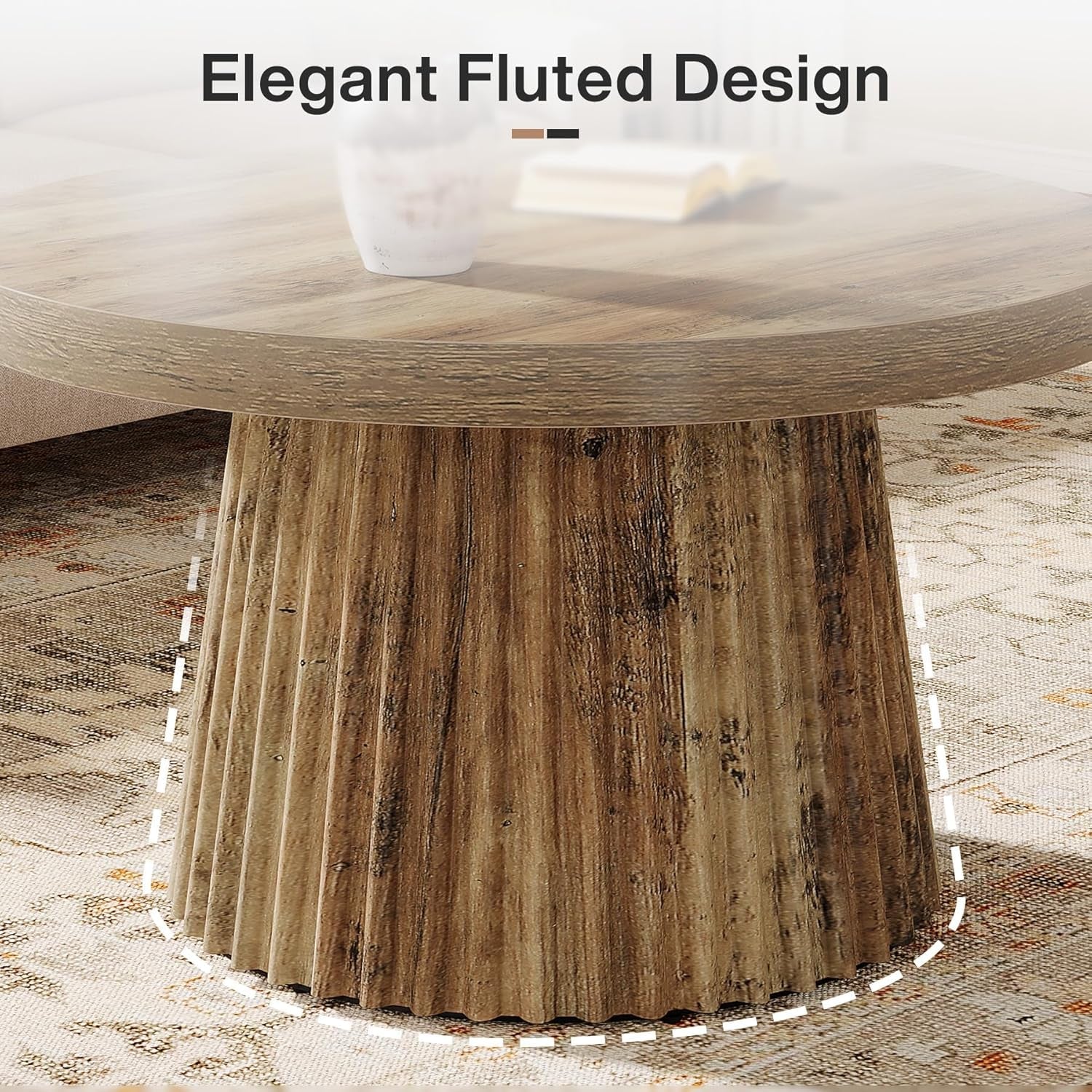 Round wooden table with fluted design on a textured floor