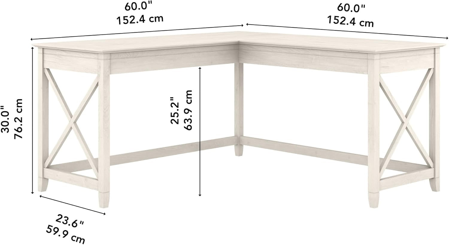 White L-shaped desk with dimensions labeled on a white background
