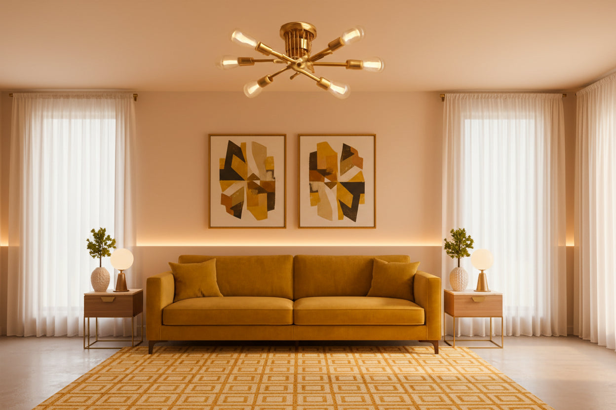 Gold ceiling light fixture on a beige wall with a side table and lamp below.