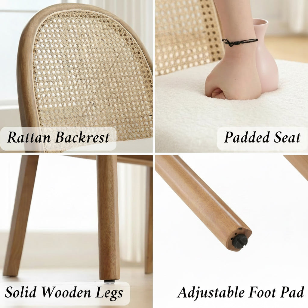 Collage of a chair with rattan backrest, padded seat, solid wooden legs, and adjustable foot pad, branded as Ya-Home.