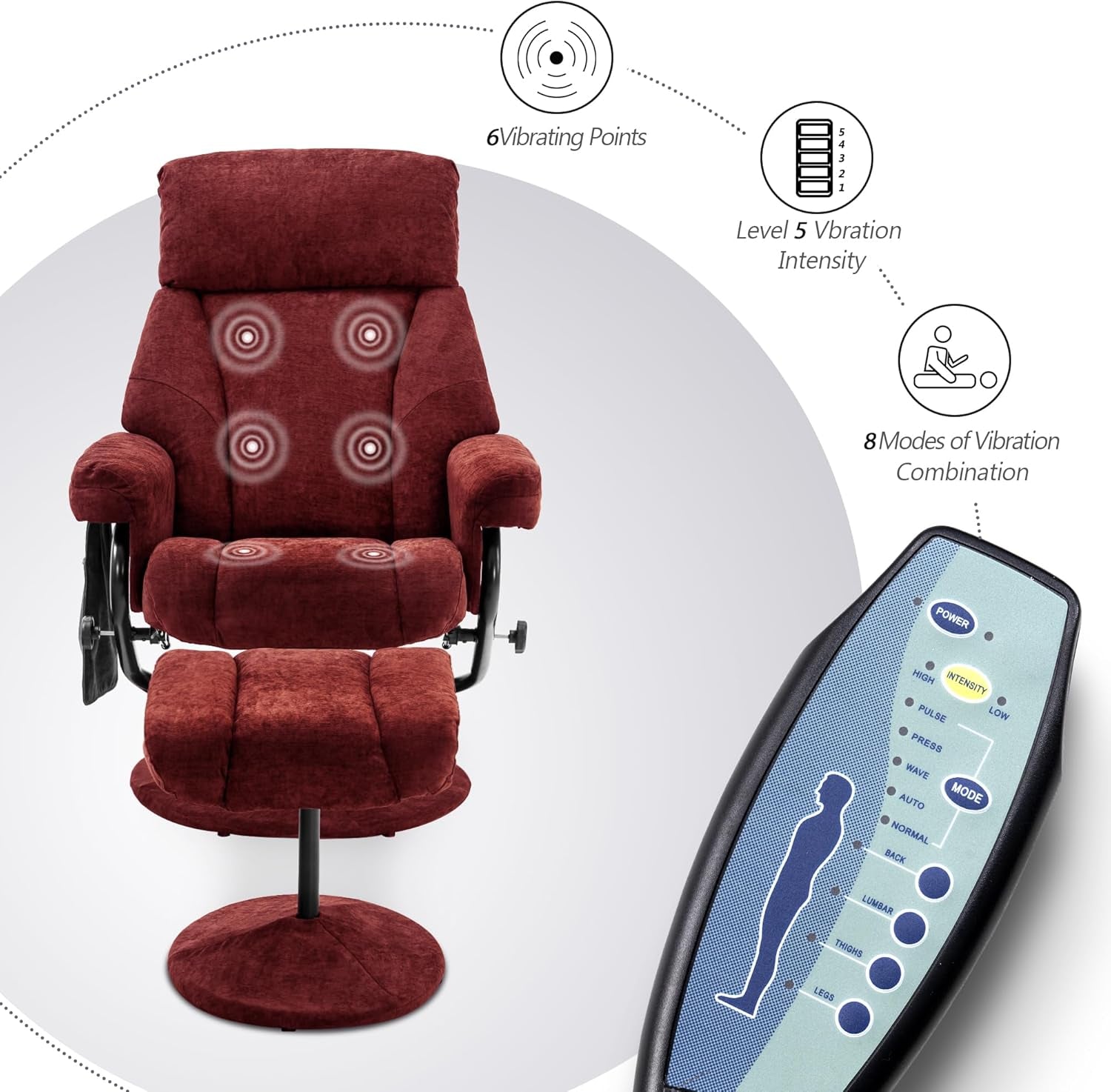Massage chair with remote control and vibration points diagram on a white background