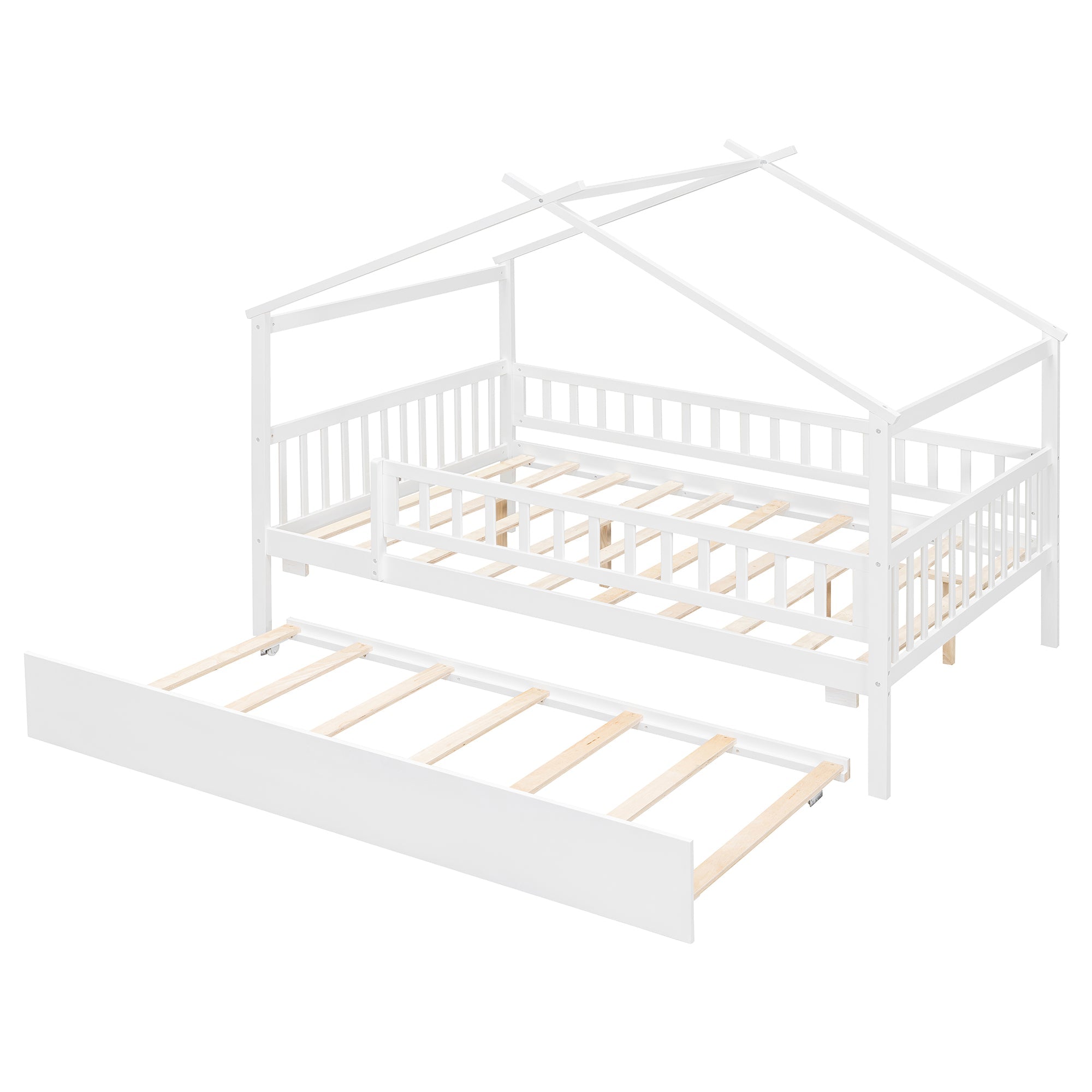 Full Size Wooden House Bed with Twin Size Trundle
