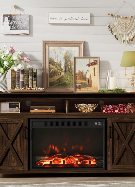 Farmhouse Fireplace TV Stand for Tvs up to 65 Inch Highboy Entertainment Center with Open Storage and Side Cabinets Rustic Media Console Table with Barn Doors for Living Room (Barnwood)
