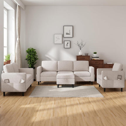 6 Seaters Sectional Upholstered Sofa, Linen Fabric Sofa Couch with Side Pockets, Free Combination Sofa Set with Movable Storage Ottoman, for Living Room-Sofa&Loveseat&Chair&Ottoman,Beige-2