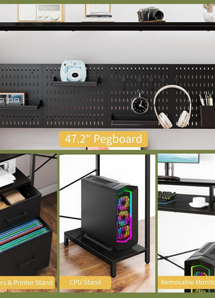 L Shaped Desk with Pegboard, Reversible Computer Desk with Drawers & Storage Shelves, Gaming Desk with LED Lights & Power Outlets, Office Desk with Monitor Stand Corner Desk Home Office Desks-4