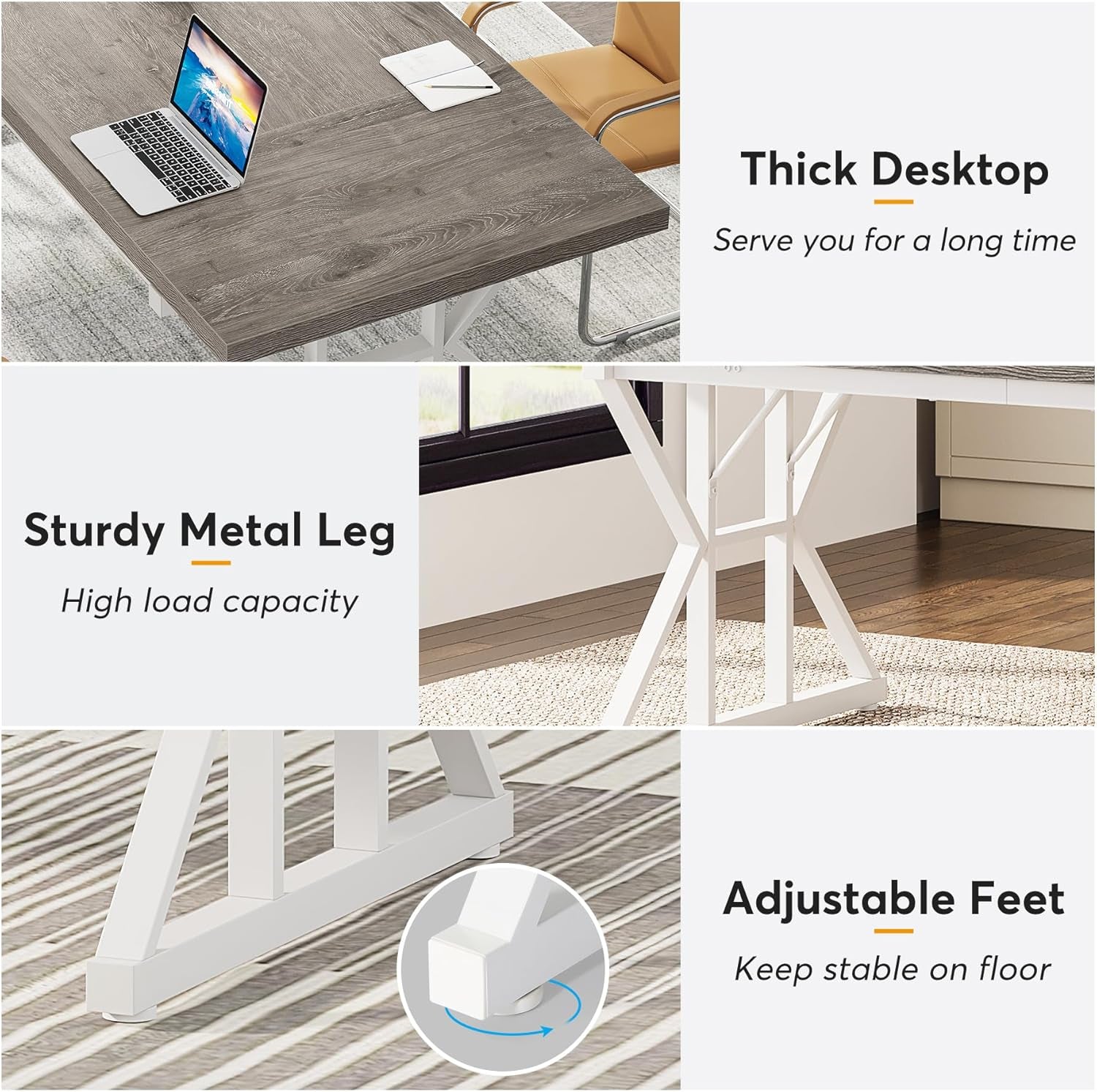 Collage of a desk with laptop, metal leg support, and adjustable feet feature text.