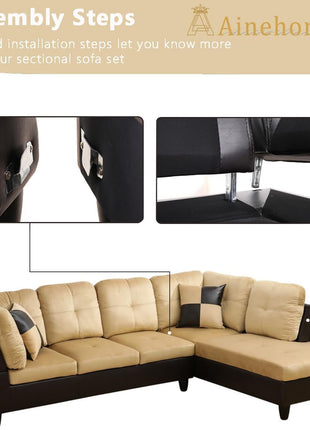 2 Pieces Sectional Sofa Sets, L-Shape Sofa Microfiber Couch Living Room Sofa Set with Chaise Using for Living Room Furniture(A-Beige, Right Hand Facing)