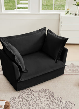 Slip-covered Armchair with 1 Big Back Cushion and 2 Big Toss Pillows, Single Deep Seat Comfy Single Couch Sofa Multiple Large Soft Pillows, Chenille Fabric, Black-3