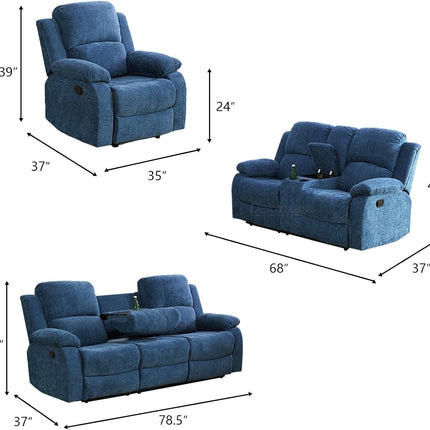 3 Seater Recliner Sofa Couch Modern Manual Reclining Sofa Fabric Reclining Sofa Living Room Couch with Dual Cup Holders and Drop down Table for Living Room/Office/Rv Car (Blue, 3 Seater Sofa)