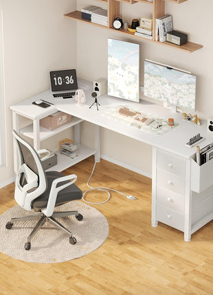 White L Shaped Desk with Drawers & Storage Shelves, 55 Inch Corner Computer Desk with Power Outlet for Home Office Bedroom, L-Shaped Teen PC Desks with Fabric Drawer, White-1