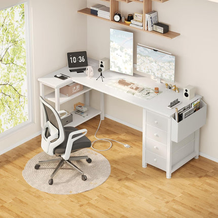 White L Shaped Desk with Drawers & Storage Shelves, 55 Inch Corner Computer Desk with Power Outlet for Home Office Bedroom, L-Shaped Teen PC Desks with Fabric Drawer, White-1