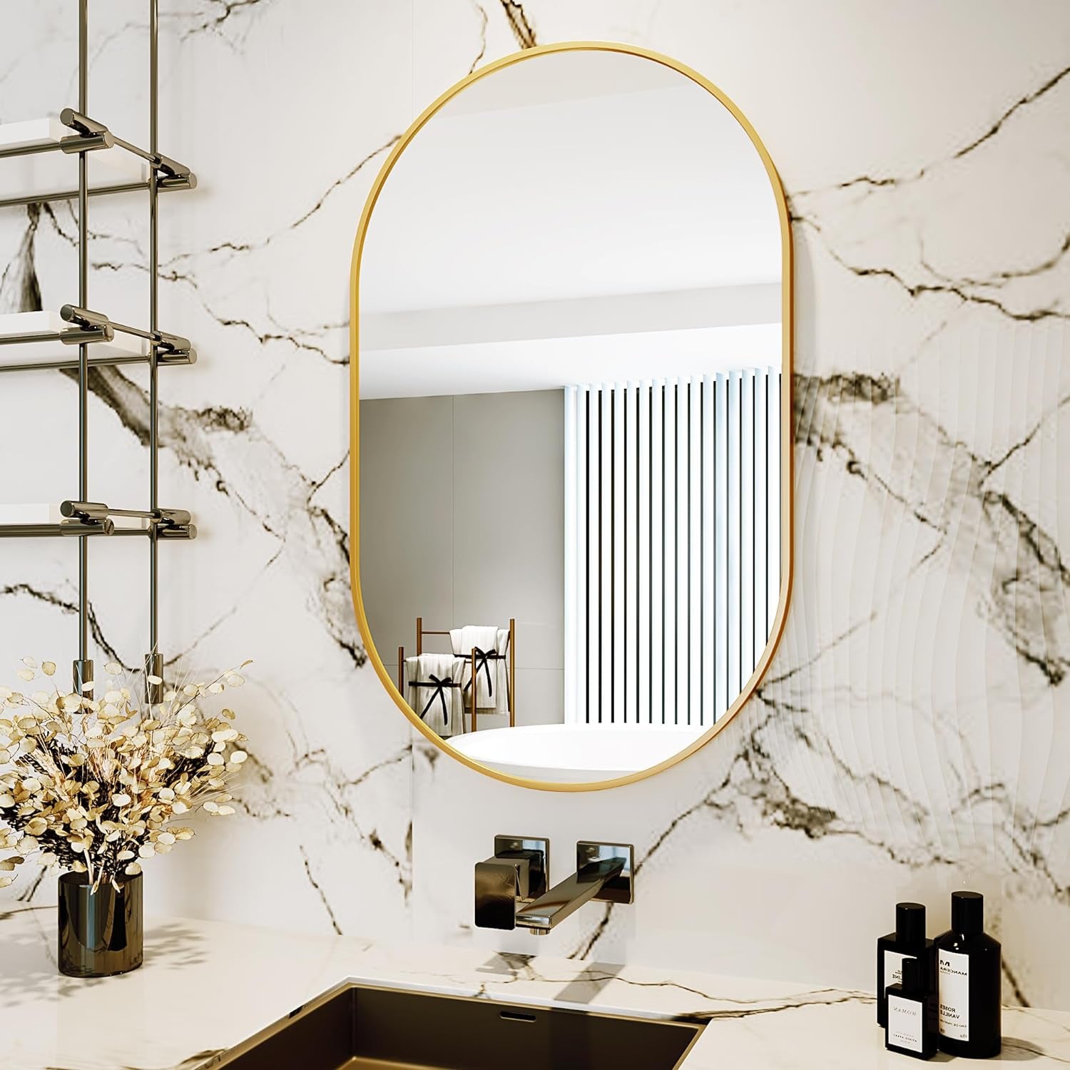Bathroom with oval mirror, sink, and decorative elements on marble wall