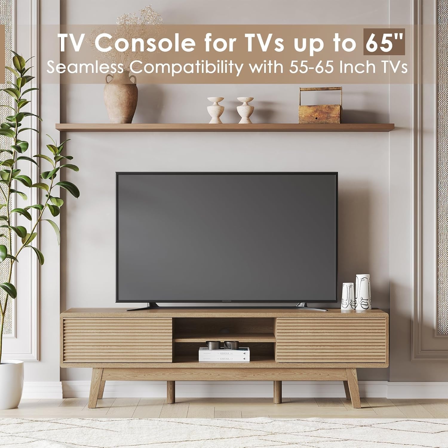Wooden TV console with a television on a light-colored floor and wall.