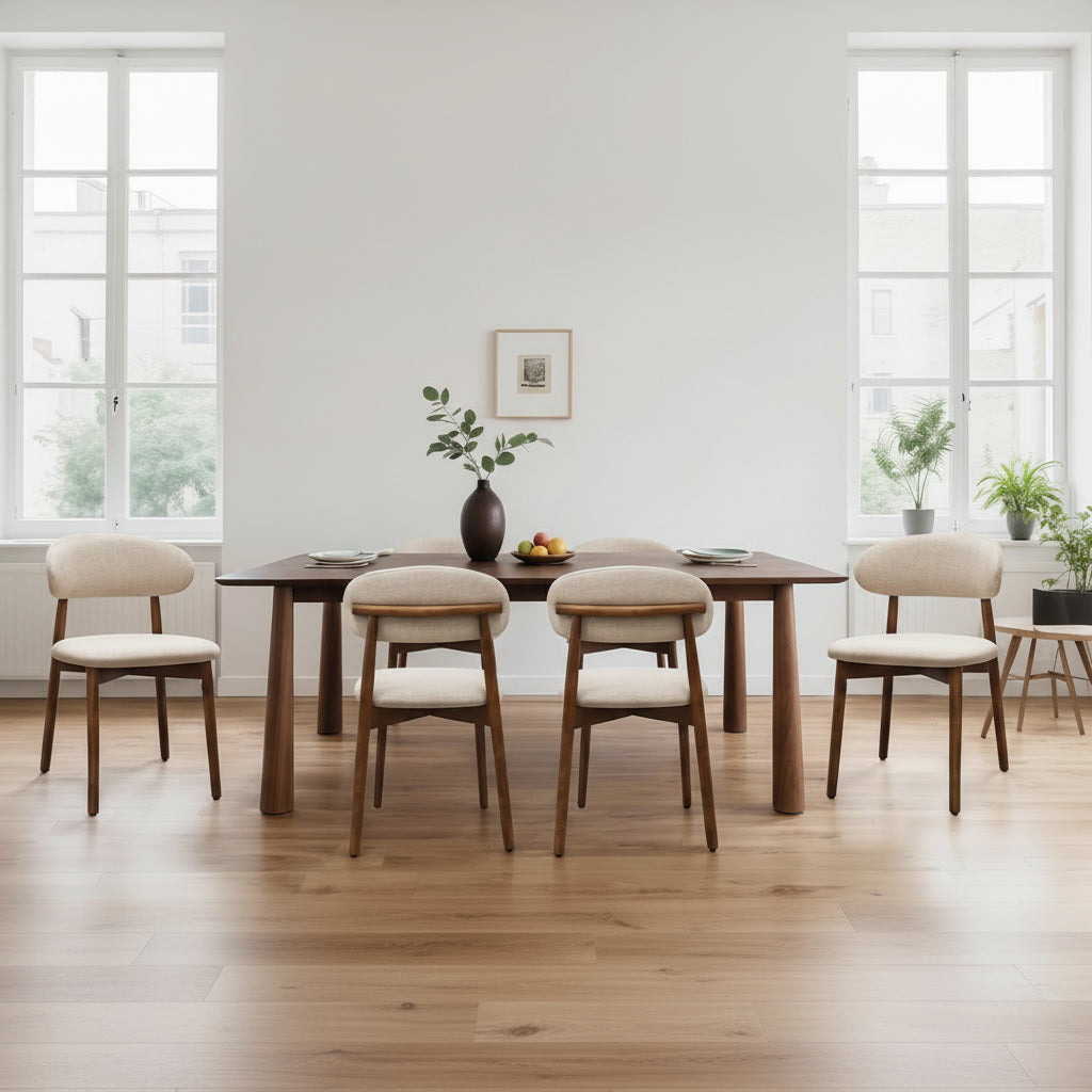 Dining room with wooden table and chairs, featuring text on mid-century modern design elements.