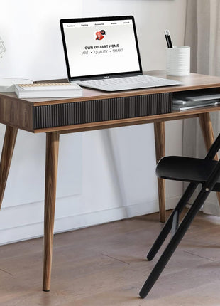 Office Desk Mid Century Modern Desk Writing Desk with Drawer Simple Home Office Desk Mid Century Desk, Walnut-0