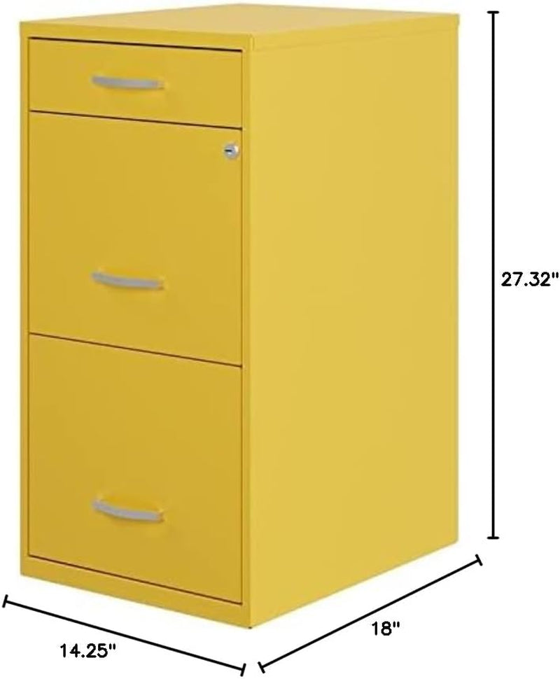 Yellow file cabinet with dimensions on a white background