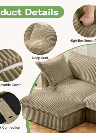 Slipcovered L Shape Sectional Long Sofa Couch, 4 Seater Sofa with Suppleness Armrests,Deep Seat Sofa with 2 Big Pillows, Comfy Couch for Living Room, Apartment, Camel Corduroy Fabric-3