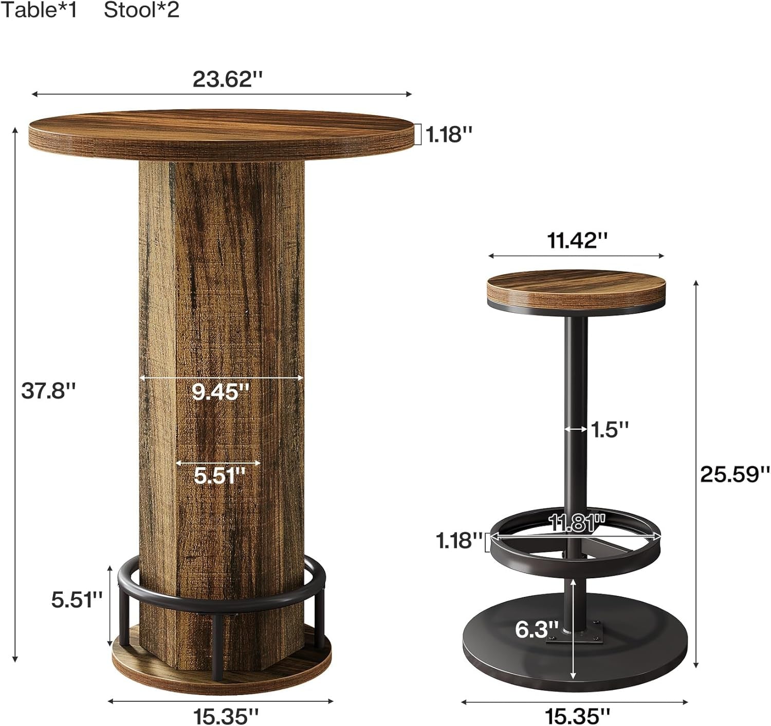 Dimensions of a wooden table and bar stool on a white background