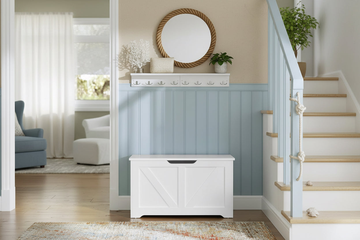 White storage bench in a room with a wall-mounted coat rack andVASAGLE branding.