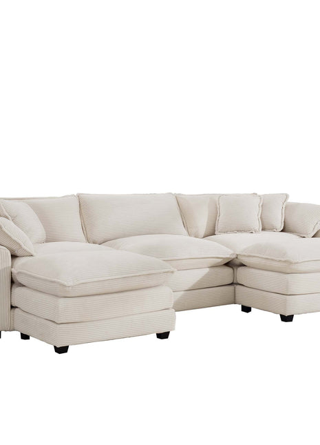 Oversized Modular Cushion Sofa with Ottomans, Comfy Upholstered U-Shaped Convertible Corner Sectional Sofa, Light Beige Corduroy-0
