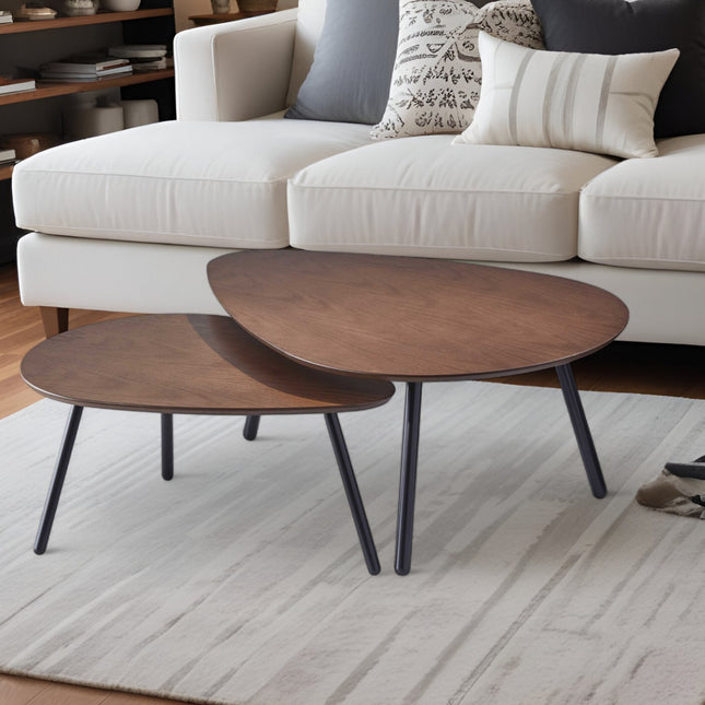 Set of Two Brown And Black Wood And Metal Oval Nested Tables-0