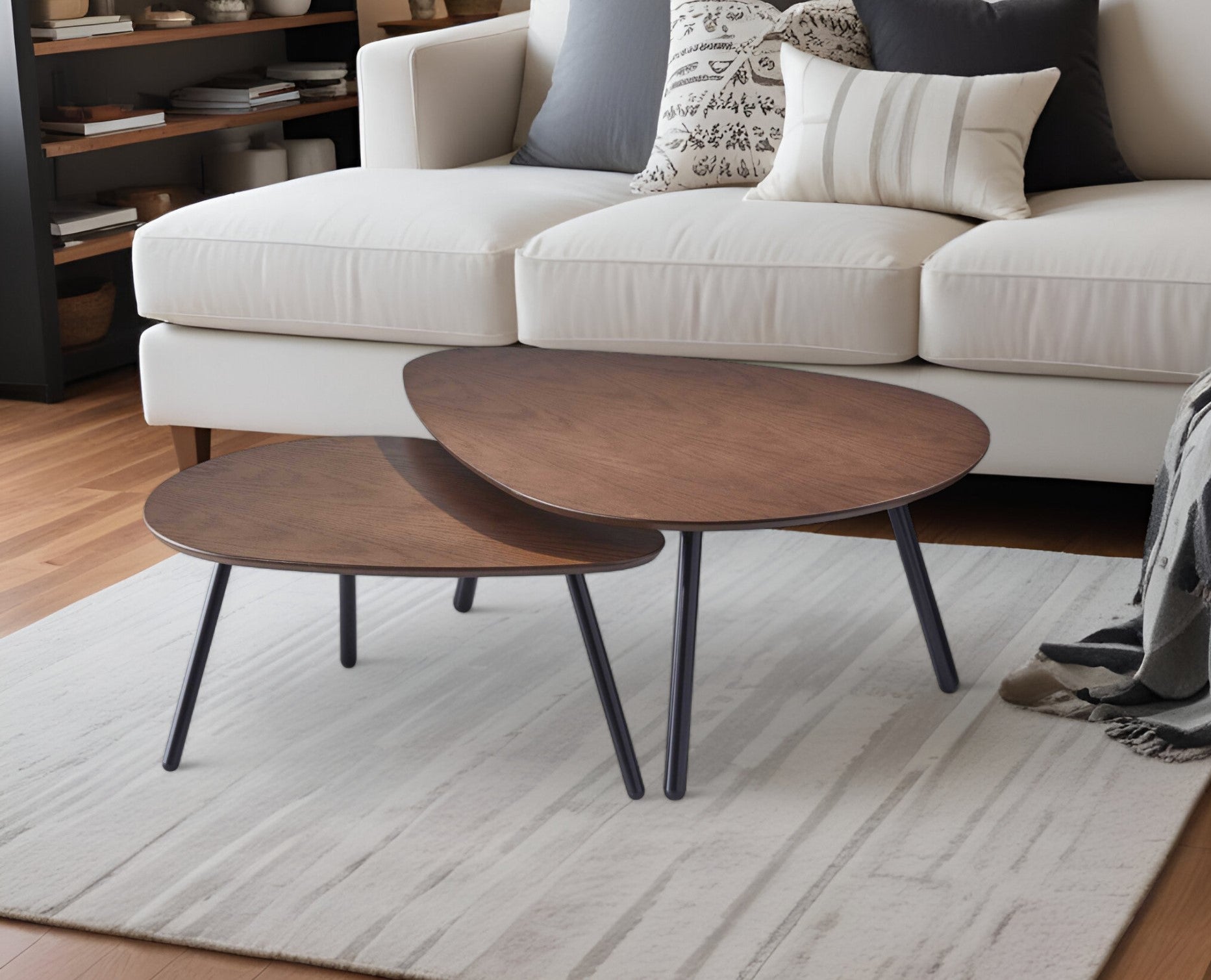 Set of Two Brown And Black Wood And Metal Oval Nested Tables-0