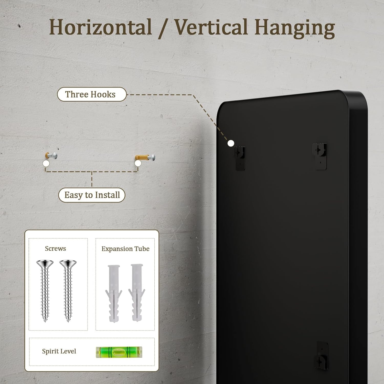 Black wall-mounted panel with hanging instructions and tools on a gray background